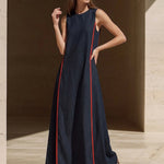 A-line Loose Contrast Color Pockets Split-Joint Round-neck Maxi Dresses