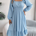 A-Line Elasticated Waist Pleated Ruffled Solid Color Square-Neck Midi Dresses