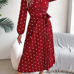 A-Line High Waisted Elasticity Pleated Polka-Dot Split-Joint Tied Waist V-Neck Midi Dresses Shirt Dress