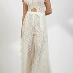 Elegance Avant-garde Floral Lace Short Sleeve High Low Top and High Rise Wide Leg Pants Set