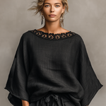 Women's Minimalist Linen Blend Lace Boat Neck Blouse And Shorts Set