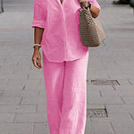 Two Piece Set Lapel Long-Sleeved Shirt Casual Solid Color Wide-Leg Pants Suit