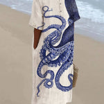 Women's Japanese Octopus Art Pocket Linen Dress(Convertible Dress With Front And Back Option)