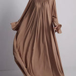 A-Line Flared Sleeves Pleated Solid Color Split-Joint Round-Neck Maxi Dresses
