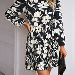 High Waisted Long Sleeves Flower Print Pleated Tied Waist Mock Neck Mini Dresses