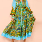 High Waisted Loose Puff Sleeves Belted Floral Printed Lapel Midi Dresses