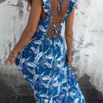 Elegant Hollow Tie Feather Print Ruffle Sleeve Maxi Dress