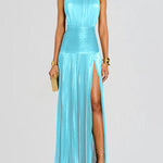 Elasticated Waist Sleeveless Pleated Shiny Solid Color Split-Side Halter-Neck Maxi Dresses