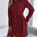 Elasticated Waist Long Sleeves Belted Buttoned Single-Breasted Solid Color Lapel Collar Mini Dresses Shirt Dress