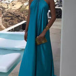A-Line Loose Backless Solid Color Tied Halter-Neck Maxi Dresses