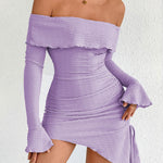 Bodycon High Waisted Asymmetric Drawstring Pleated Solid Color Split-Joint Off-The-Shoulder Mini Dresses