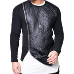 Men's Pu Leather Stitching Zip-up Round Neck Long-sleeved T-shirt