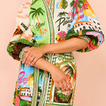Margovil Lantern Sleeves Tie Waist Cotton Linen Resort Print Shirt Dress