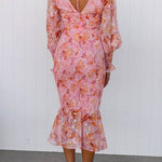 V Neck Long Sleeves Smocked Fairy Floral Mermaid Midi Dress