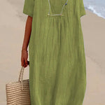 Margovil V Neck Short Sleeve Baggy Cotton Linen Midi Dress