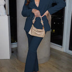 Luxe Lifestyle Single Button Lapel Blazer and Elastic Waist Pocketed Straight Suit Pants Set