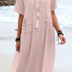 Summer loose casual cotton and linen solid color round neck short-sleeved mid-length dress
