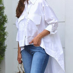 High-Low Long Sleeves Buttoned Pockets Solid Color Split-Joint Lapel Blouses&Shirts Tops