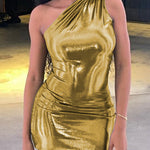 Skinny Asymmetric Shiny Solid Color Split-Joint One-Shoulder Evening Dresses Mini Dresses