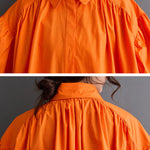 Loose Puff Sleeves Contrast Color Pleated Split-Joint Lapel Midi Dresses Shirt Dress