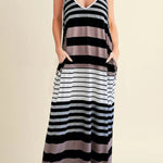Multicolour Stripes Spaghetti Straps V Neck Maxi Dress