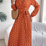 High Waisted Long Sleeves Pleated Polka Dot Tied Waist V-Neck Maxi Dresses Shirt Dress