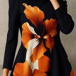 A-Line Long Sleeves Contrast Color Flower Print Mock Neck Midi Dresses