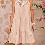 A-Line Loose Hollow Pleated Solid Color Split-Joint Round-Neck Mini Dresses
