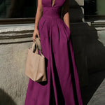 High Waisted Loose Pockets Solid Color Zipper V-Neck Jumpsuits