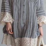 Bohemian Casual Striped Button Shirt Dress With Lace Trim