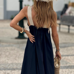 Cross-Strap Halter Neck Flared Colorblock Maxi Dress