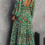 Fashion printed lantern long-sleeved V-neck backless stitching dress