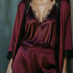 Burgundy Satin & Lace Camisole, Shorts & Robe Lounge Three-Piece Set