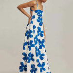 A-Line High Waisted Backless Contrast Color Flower Print Split-Joint Spaghetti-Neck Maxi Dresses