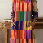 Women'S Round Neck Color-Block Striped Loose-Fitting Dress