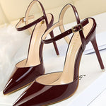 Belt Buckle Pointed-Toe Shiny Split-Joint Pumps Sandals