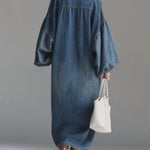 Long Sleeves Loose Buttoned Pockets Solid Color V-Neck Maxi Dresses
