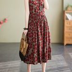 Loose Oversize Drawstring Floral Printed Round-Neck Midi Dresses