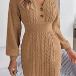 Buttoned V-neck twist lantern sleeves hip-hugging sweater dress