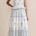 White Floral Print Frill Smocked Bodice Boho Dress