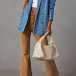 Notch Lapel Button Front Pocketed Denim Blazer