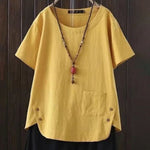Women'S Solid Color Cotton And Linen Round Neck Button Short Sleeve Irregular Slit At Hem Button Blouse