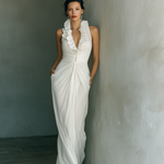 Women's White Chiffon Halter-neck Long Dress With Ruffled Collar