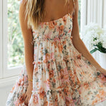 A-Line Loose Flower Print Layered Pleated Split-Joint Tied Spaghetti-Neck Mini Dresses