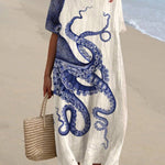 Women's Japanese Octopus Art Pocket Linen Dress(Convertible Dress With Front And Back Option)