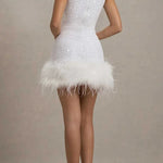 Dazzling and Playful Sequin High Neck Feather Trim Stretch Mini Dress