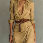 City Sleek Single Breasted Long Sleeve Warp Slit Shirt Maxi Dress
