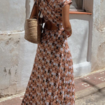 Salmon Regular Pattern Print Short Sleeve Maxi Dress