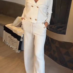 Pearl-button short suit with wide-leg pants