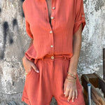Orange Summer Cotton and Linen Short-sleeved Suit